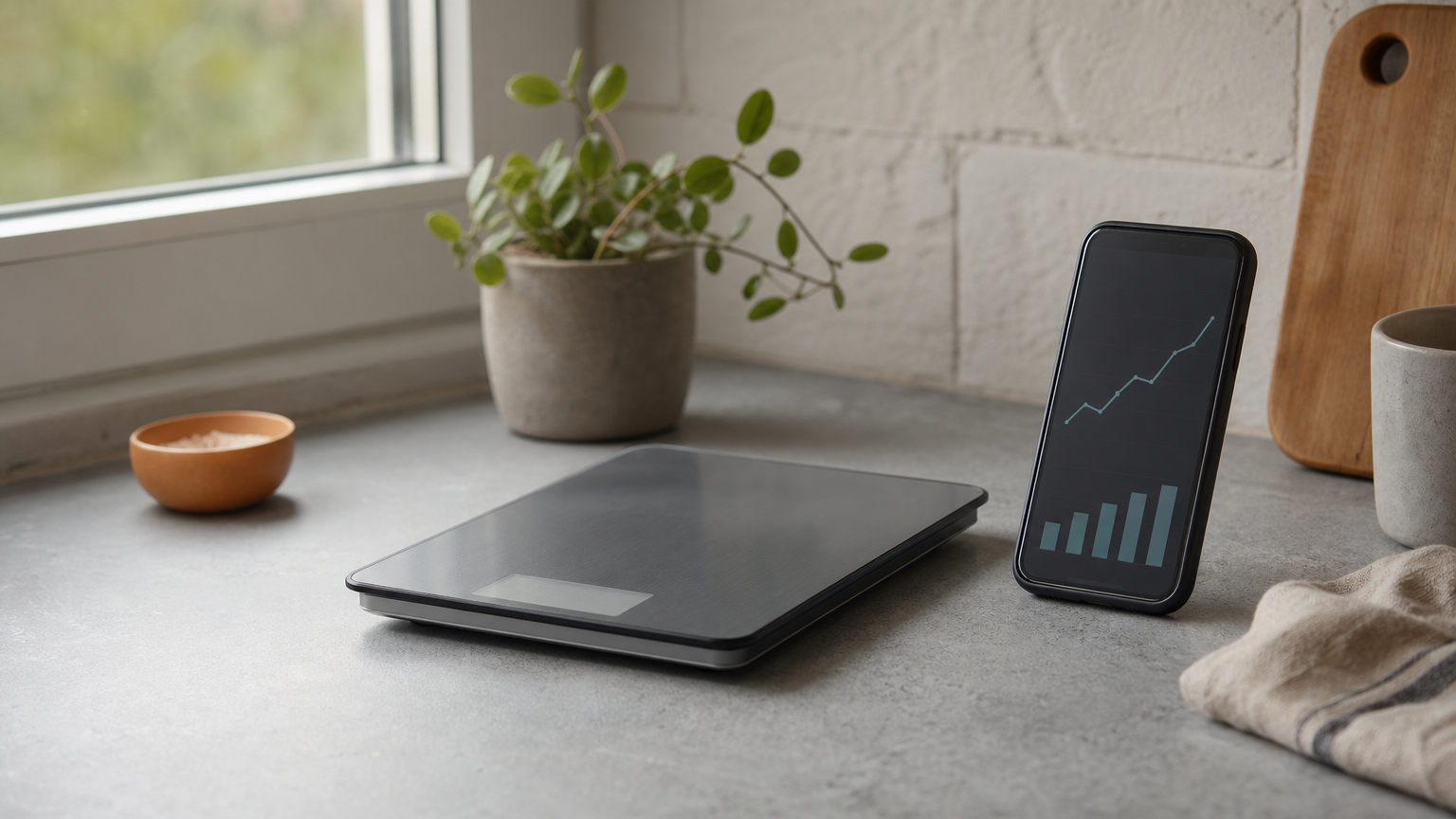 A smartphone shows a weekly trend chart beside a kitchen scale on a counter.