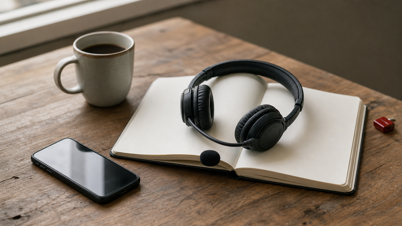 A headset, open notebook, mug and smartphone arranged together on a desk.