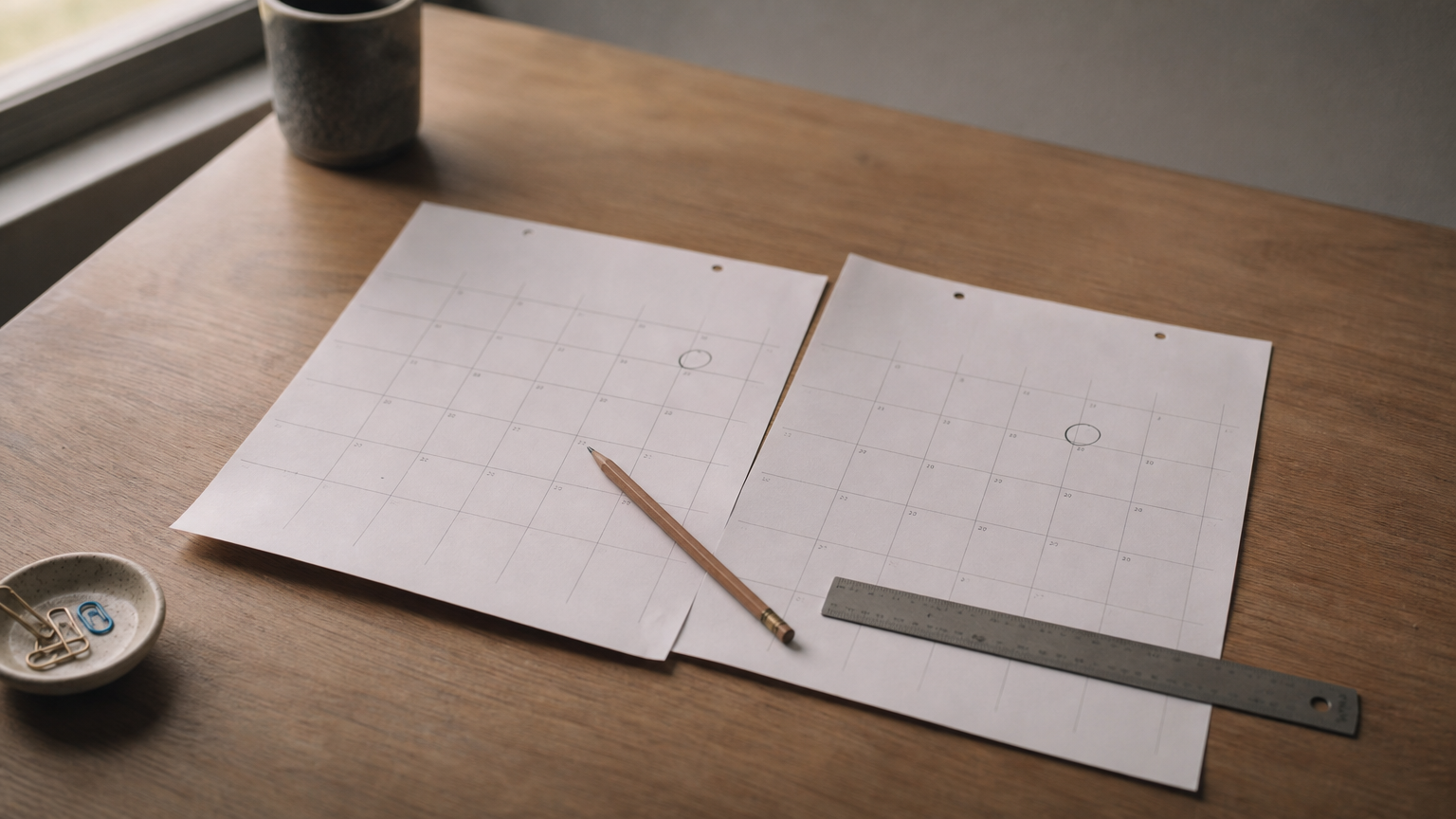 Two paper calendars on a desk, each with a circled date, with a pencil and ruler resting across them.