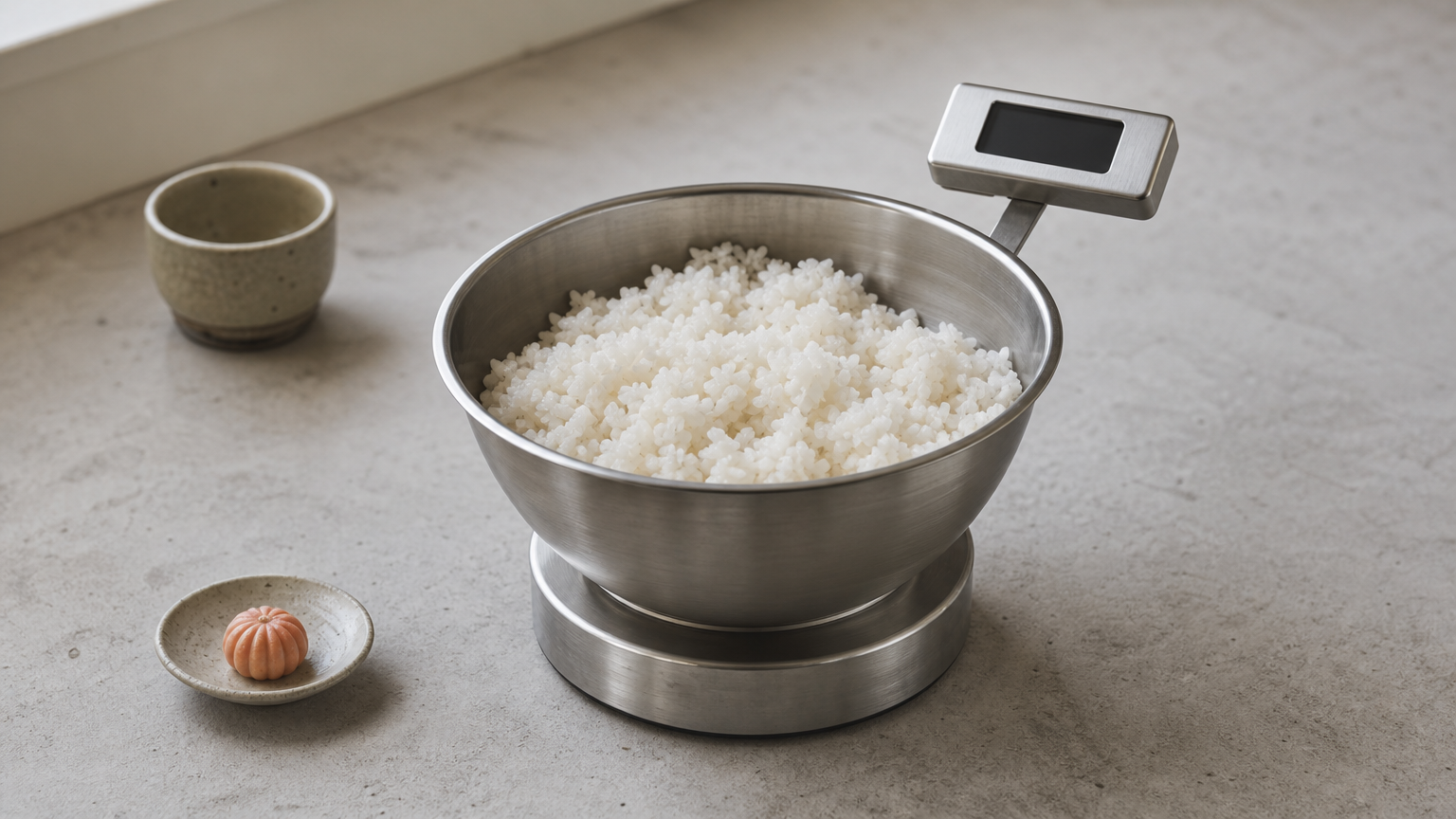 A stainless steel scale with a pull-out display remains visible above a large mixing bowl of rice.