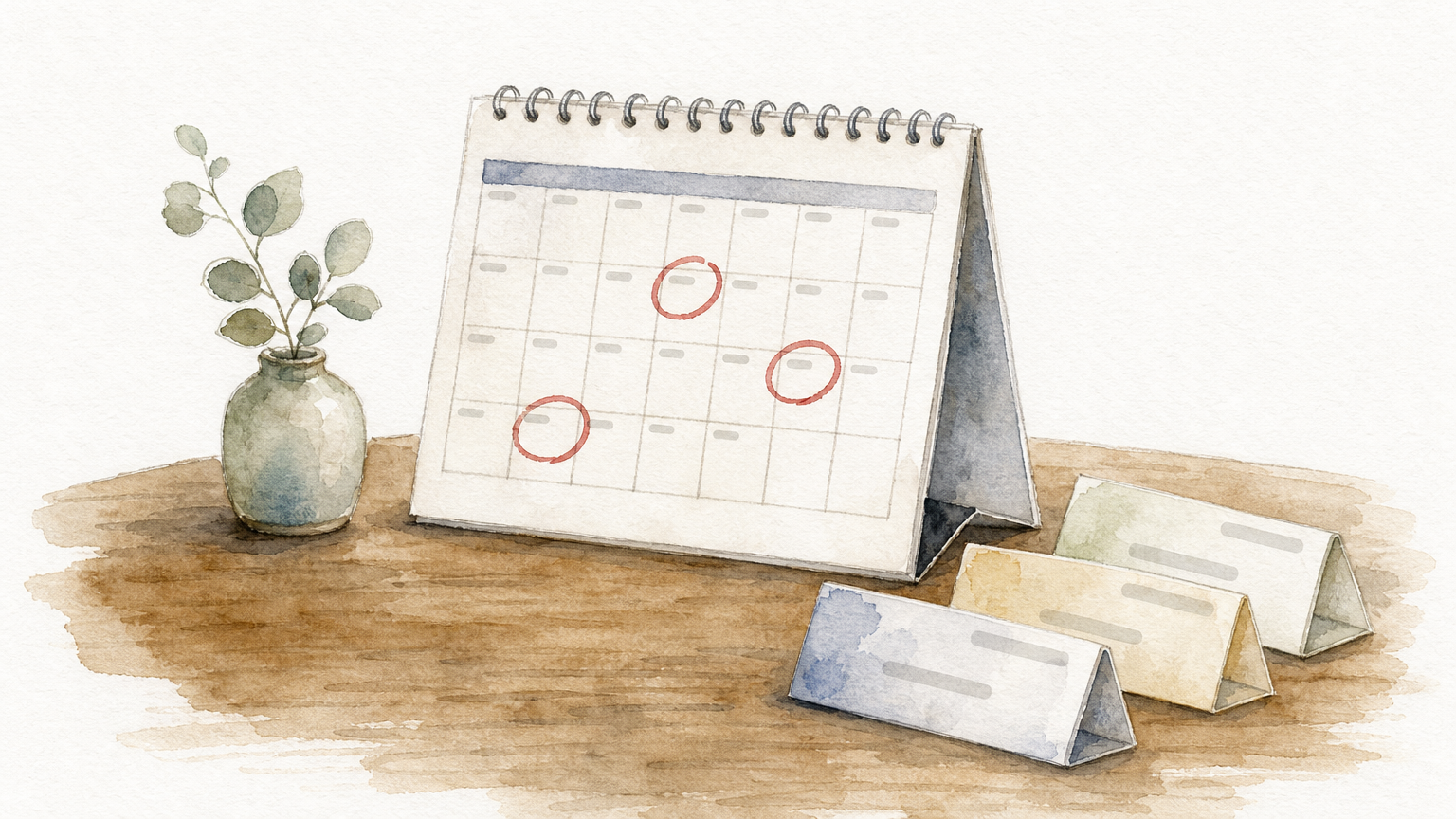 A wall calendar with three circled months sits beside three folded paper vouchers on a table.