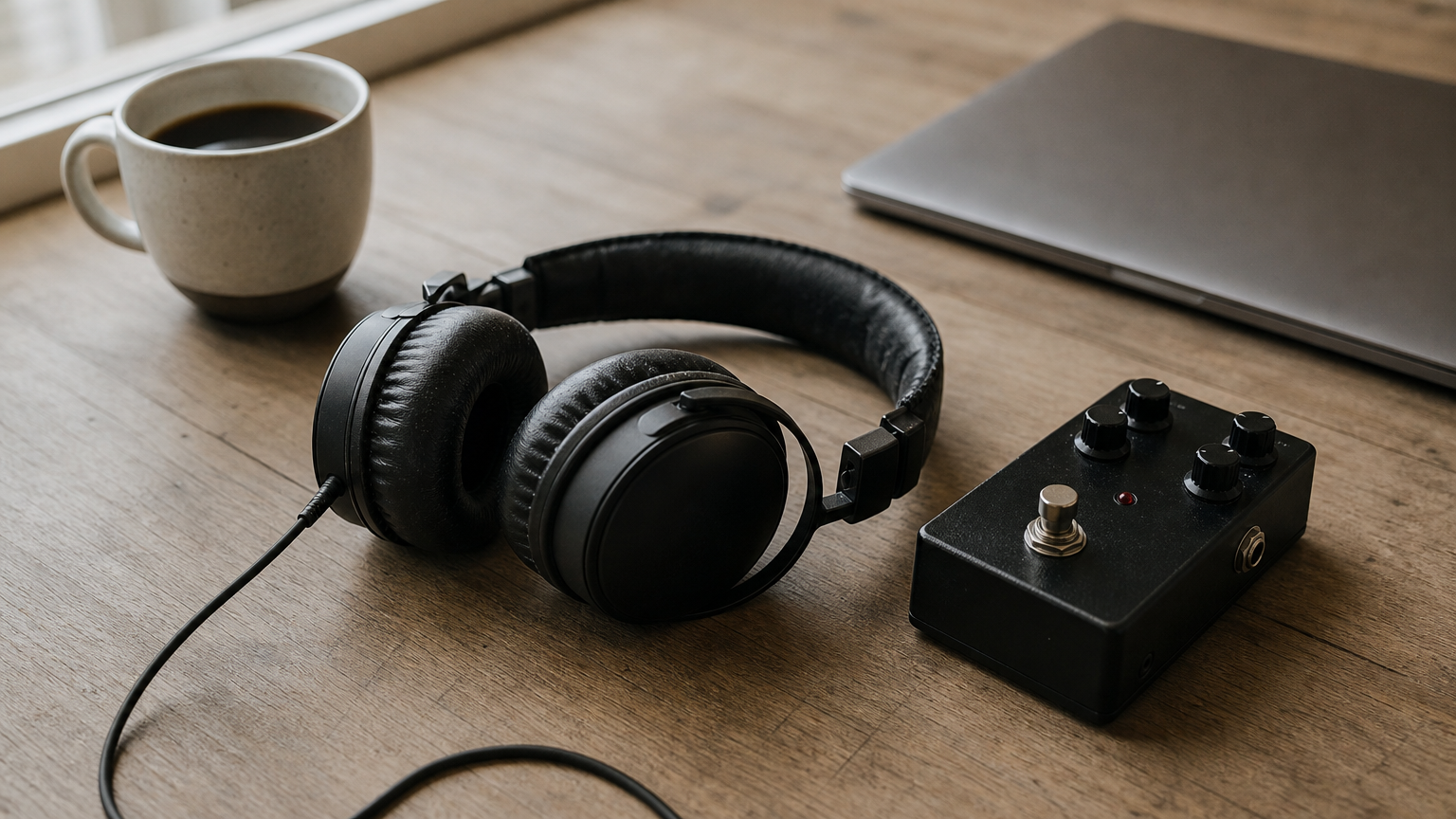 Over-ear headphones rest beside a foot pedal and a closed laptop on a desk with a cup of coffee.