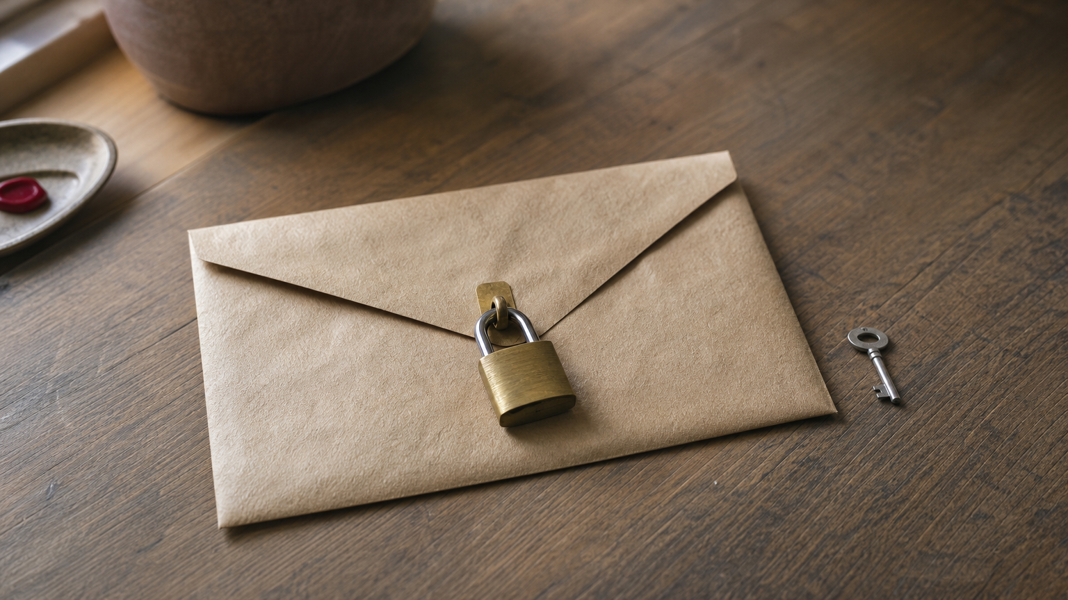 A sealed envelope with a padlock across its flap sits beside a small key on a desk.