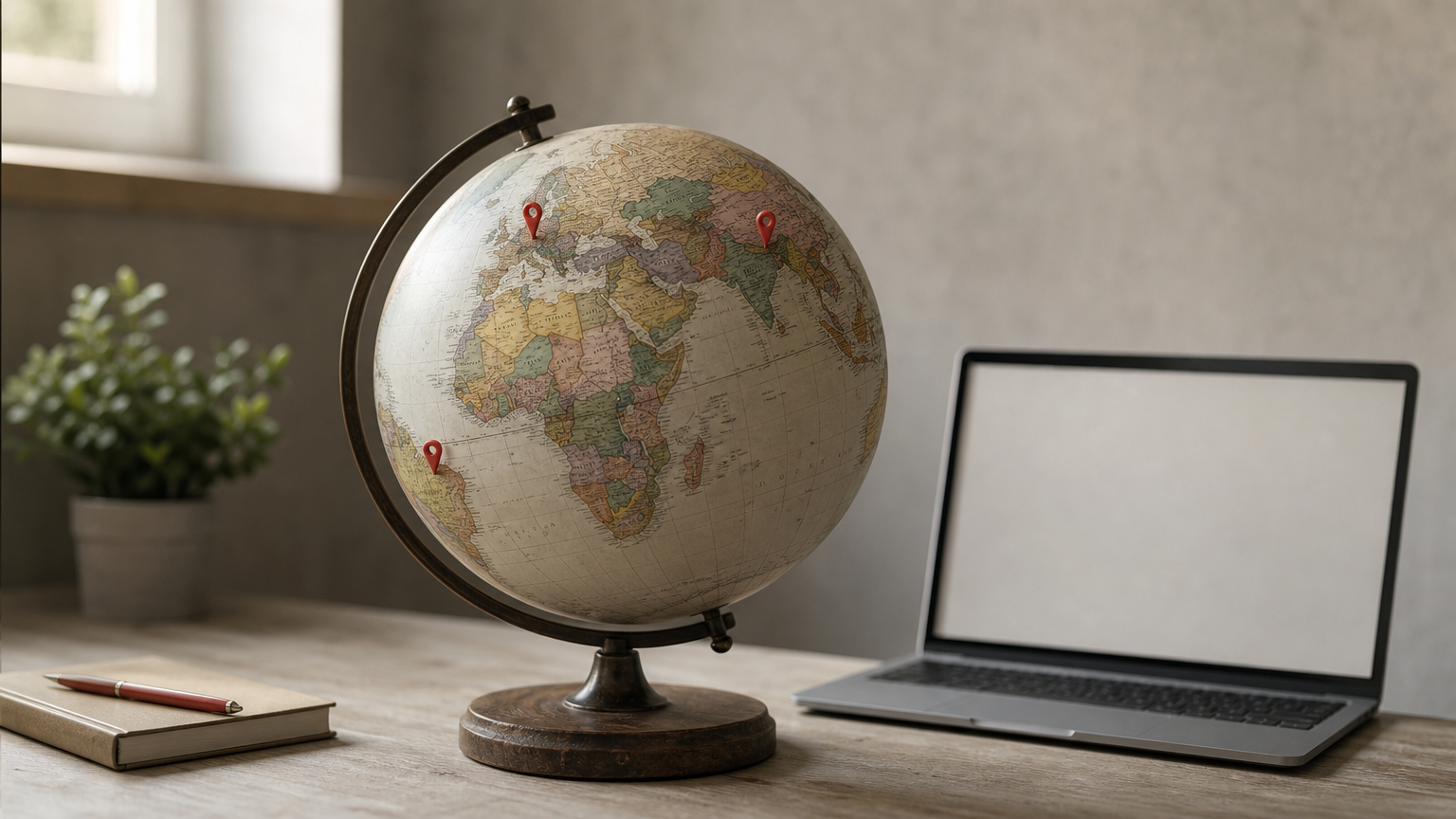 A world globe with three map pins beside an open laptop.