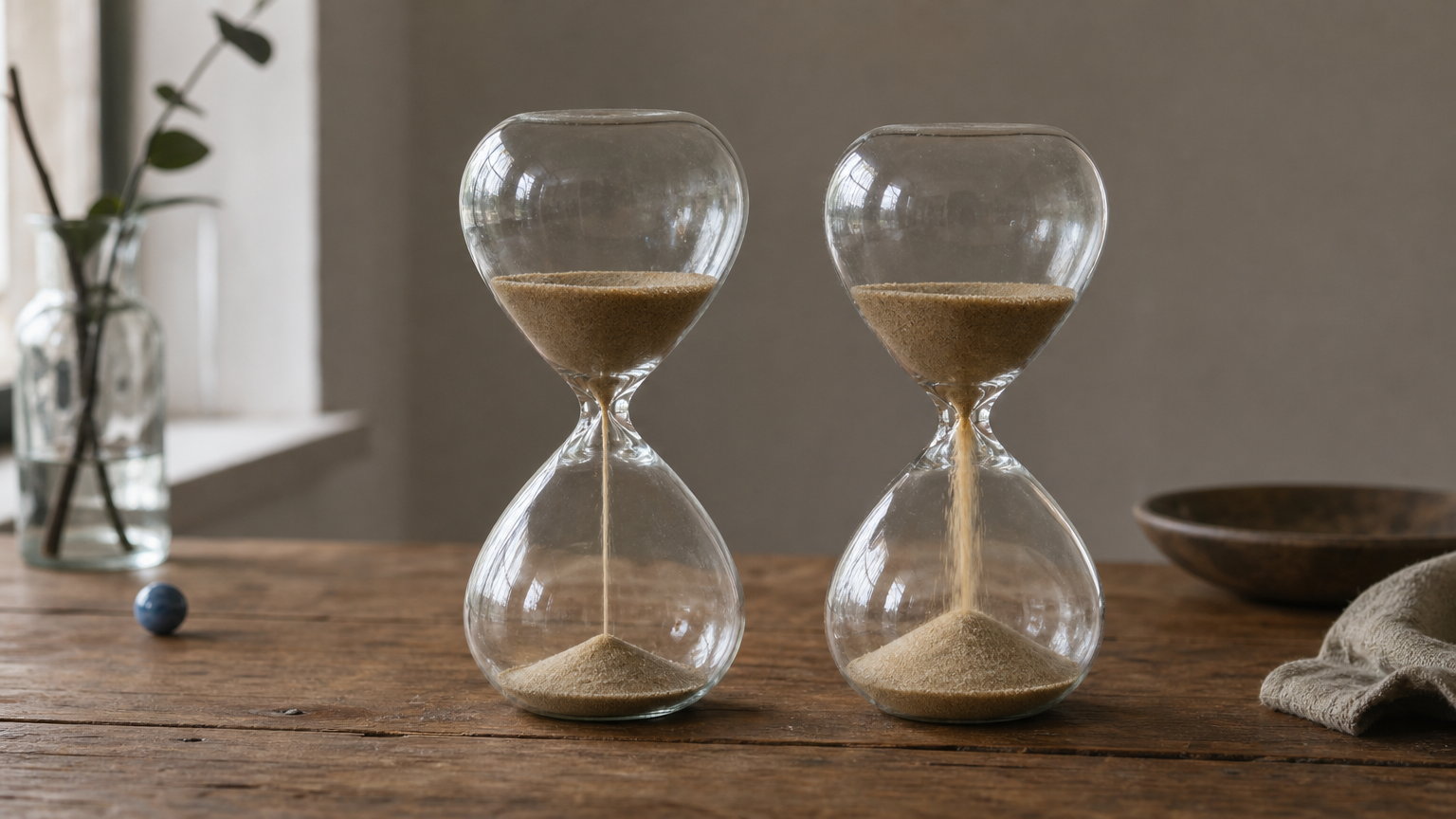 Two hourglasses on a wooden table, one draining slower than the other, showing different rates of flow.
