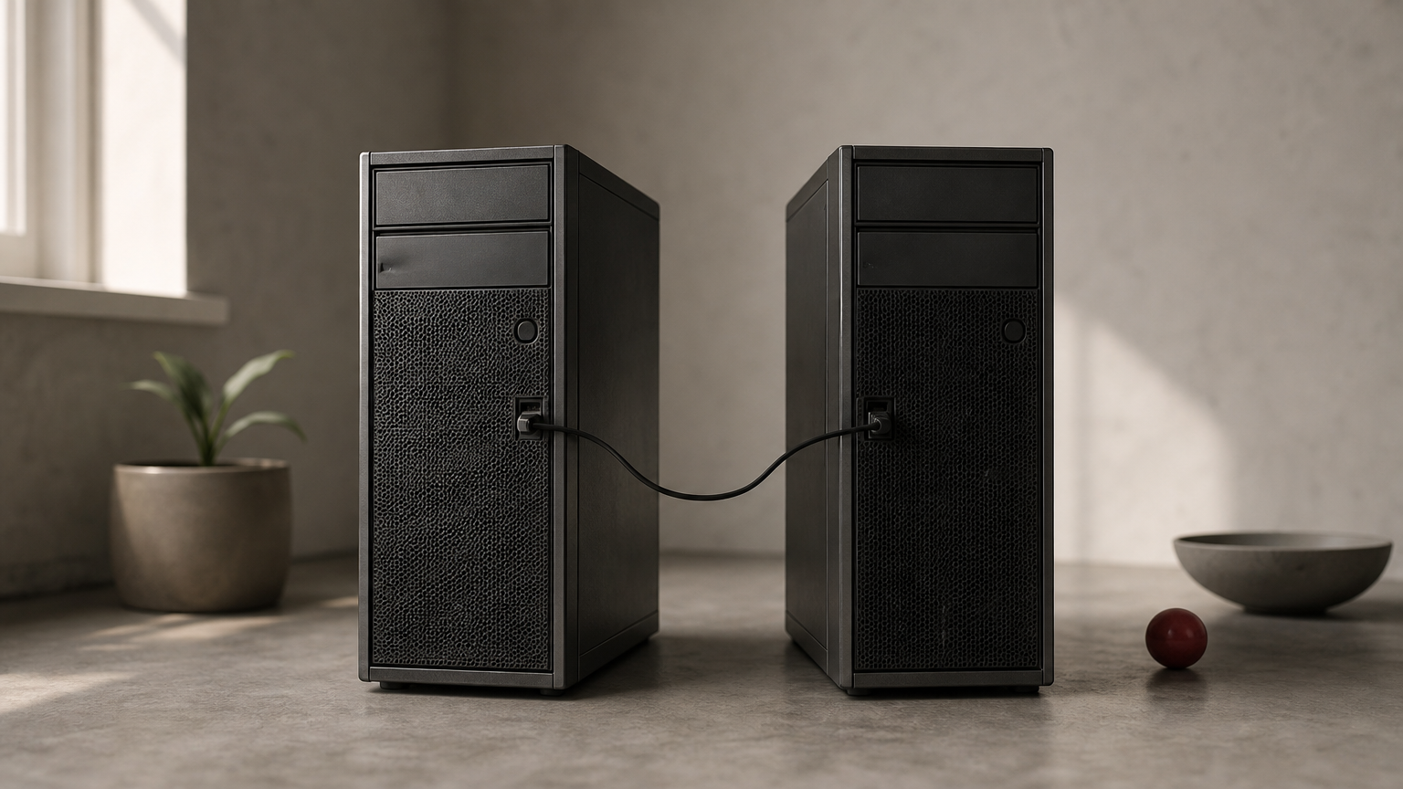 Two separate server towers stand side by side, connected by a single thin cable.