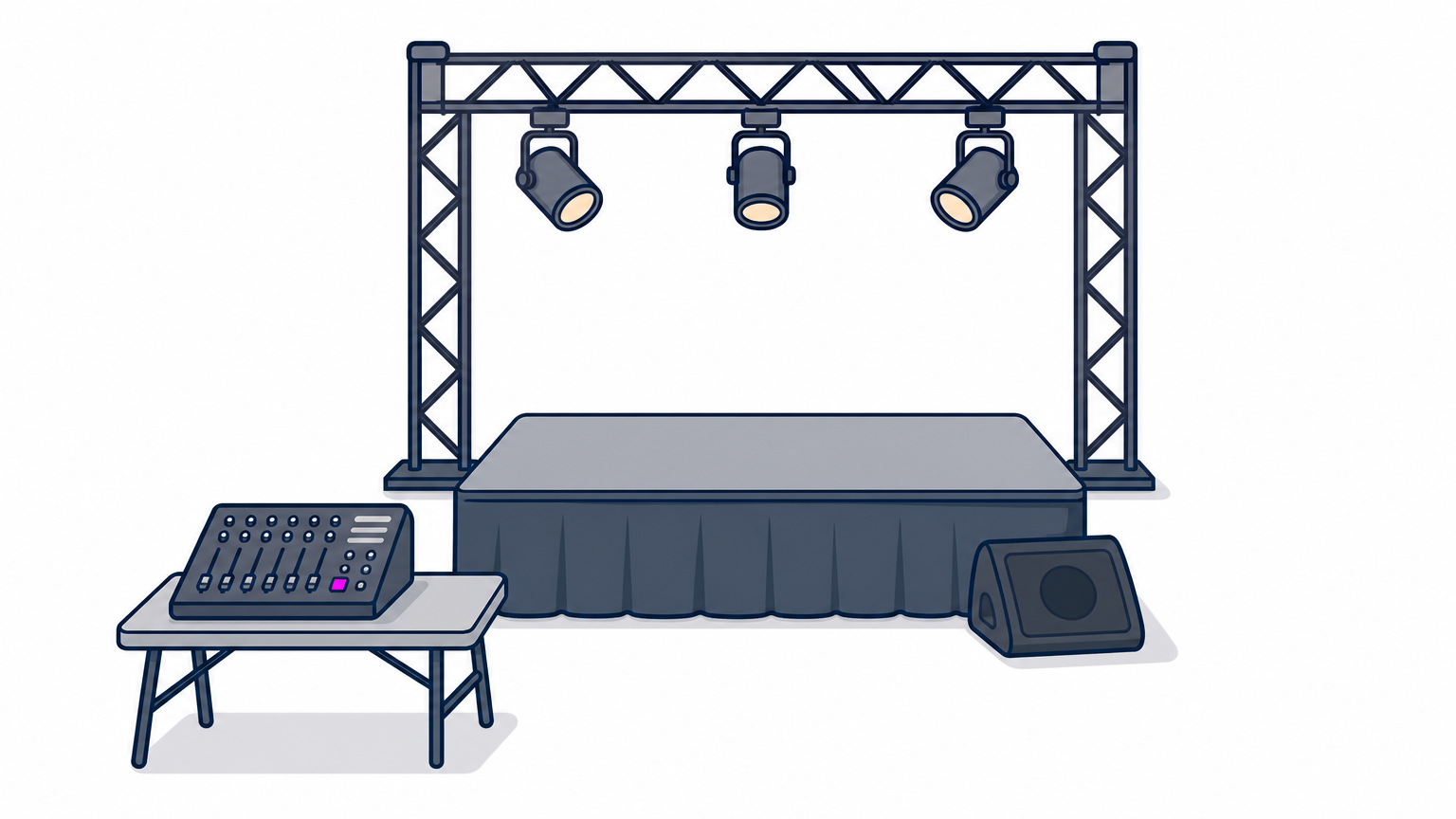 A small stage under a lighting truss with three spotlights, a floor speaker, and a mixing console on a table.