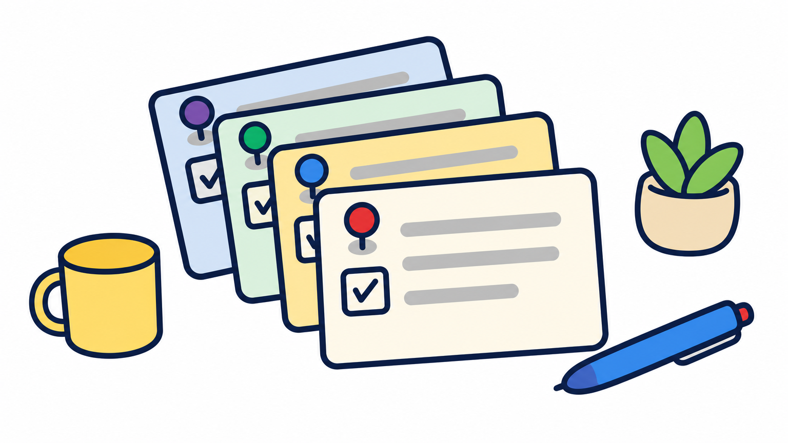 Index cards fanned across a desk, each with a pin marker and a ticked checkbox.