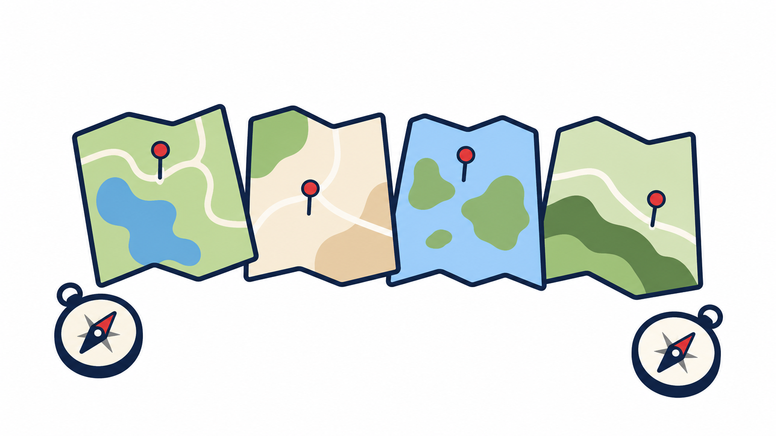 Several separate paper maps laid side by side on a table, each marked with one pin.