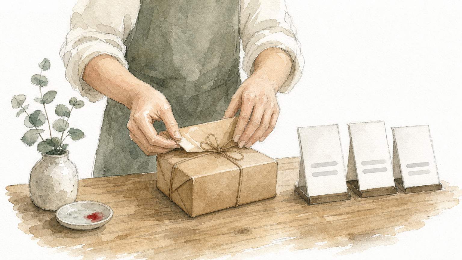 Hands wrapping a parcel on a counter beside three upright product cards.