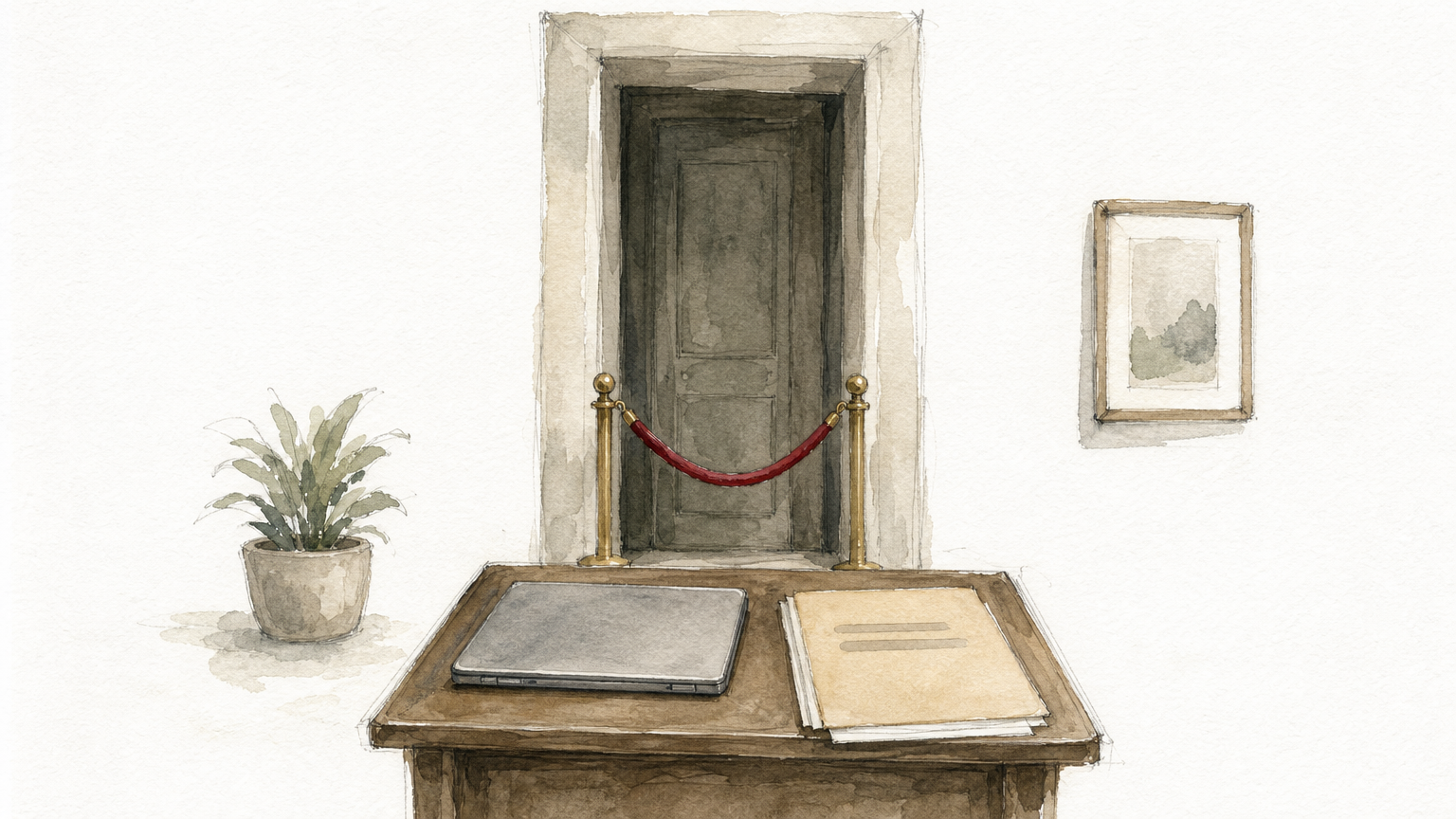A narrow doorway behind a velvet rope, with a closed laptop and folder on a desk in front.