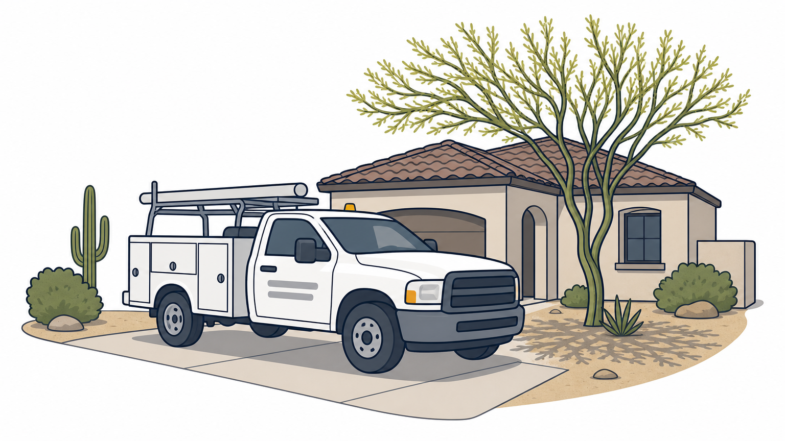 A service truck parked in a driveway beside a stucco house and a palo verde tree.