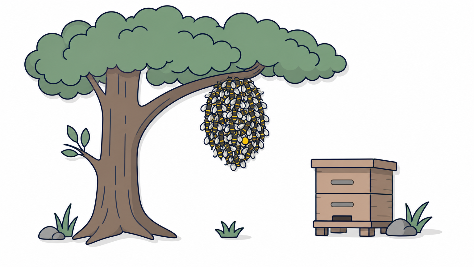 A bee swarm hangs from a low branch near a wooden hive box.