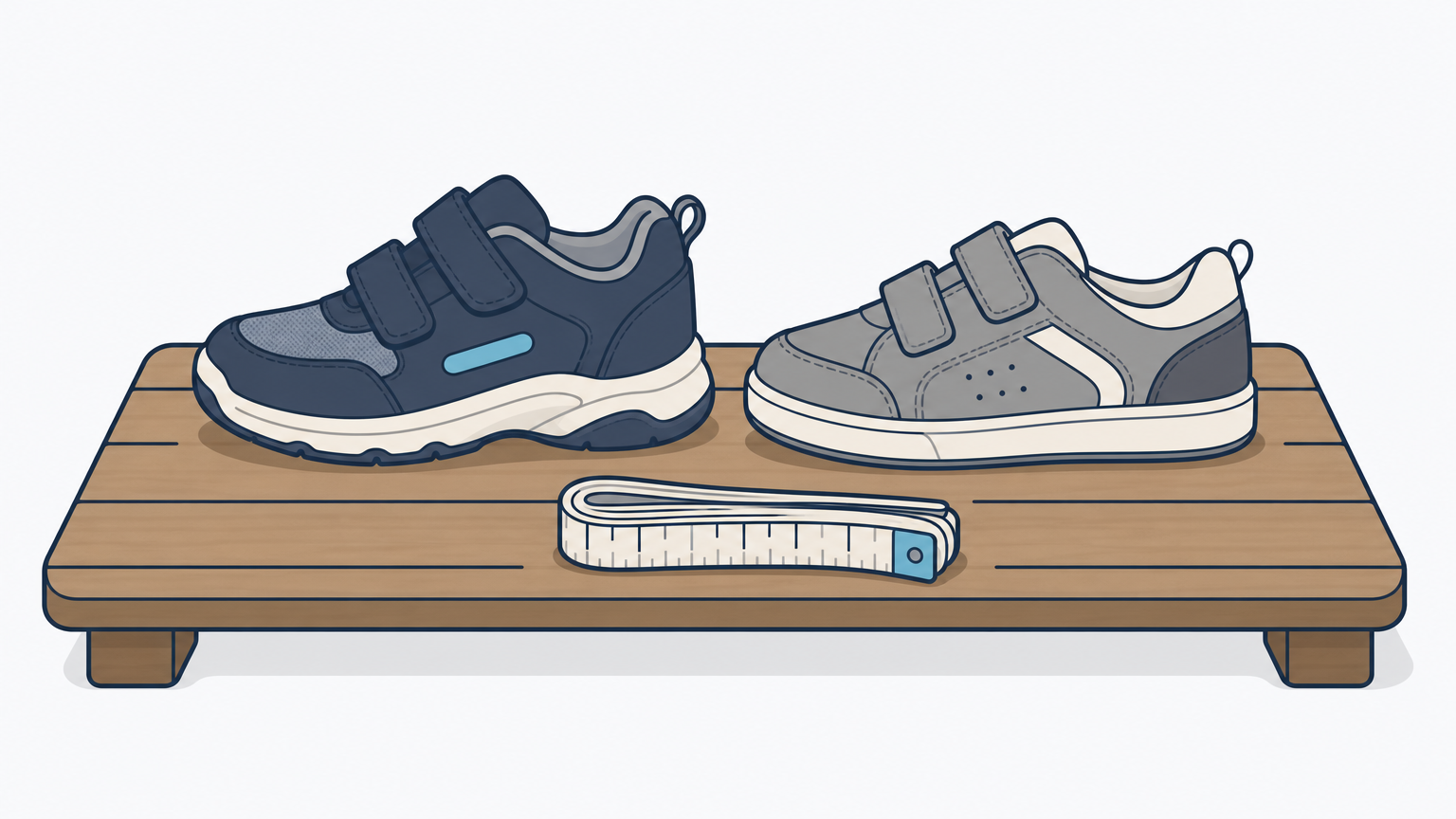 Two children's sneakers of different makes sit side by side with a folded tape measure in front.