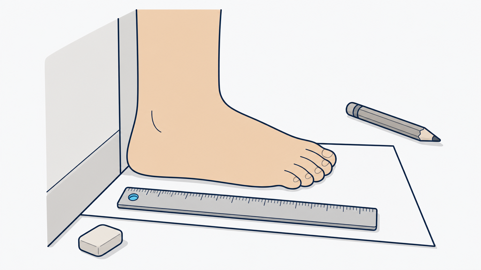 A child's bare foot stands on paper against a wall, with a ruler lying beside it.