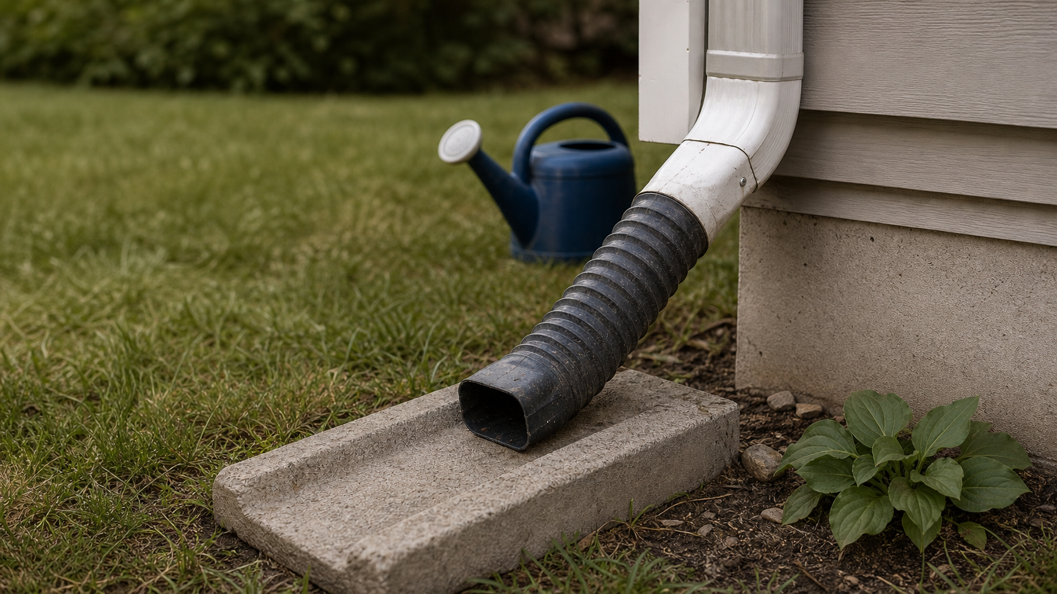 A downspout extension carries water away from a house wall onto a lawn.