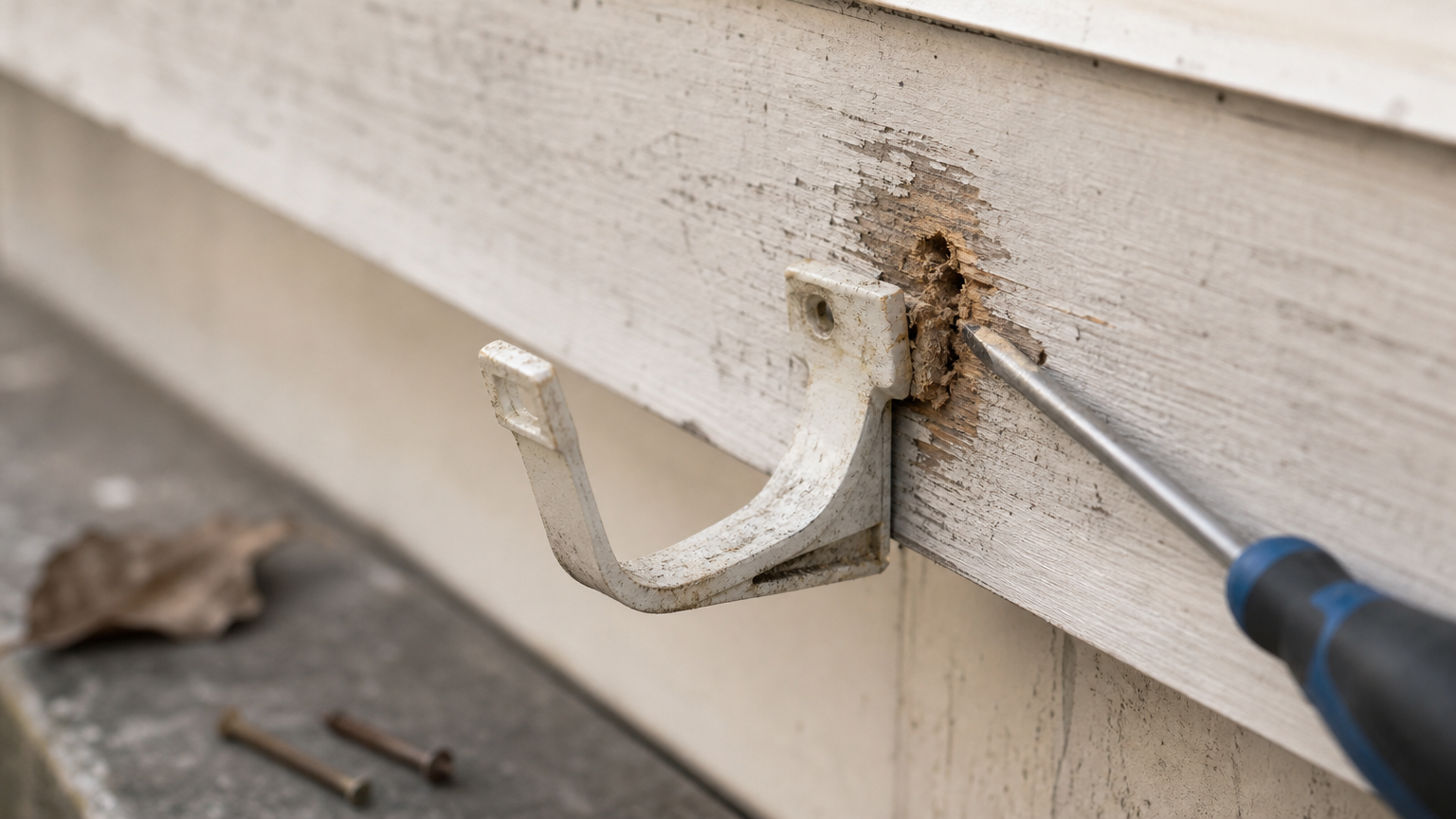 A gutter bracket has pulled away from a fascia board, exposing soft wood.