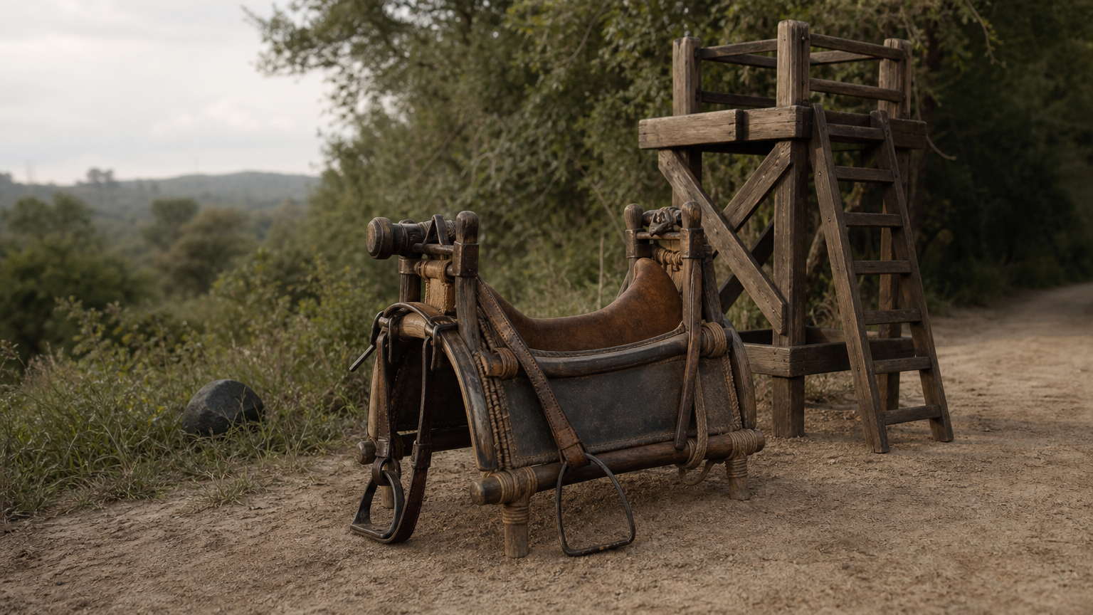An empty elephant saddle with stirrups sits beside a tall wooden platform at the edge of a bush track.