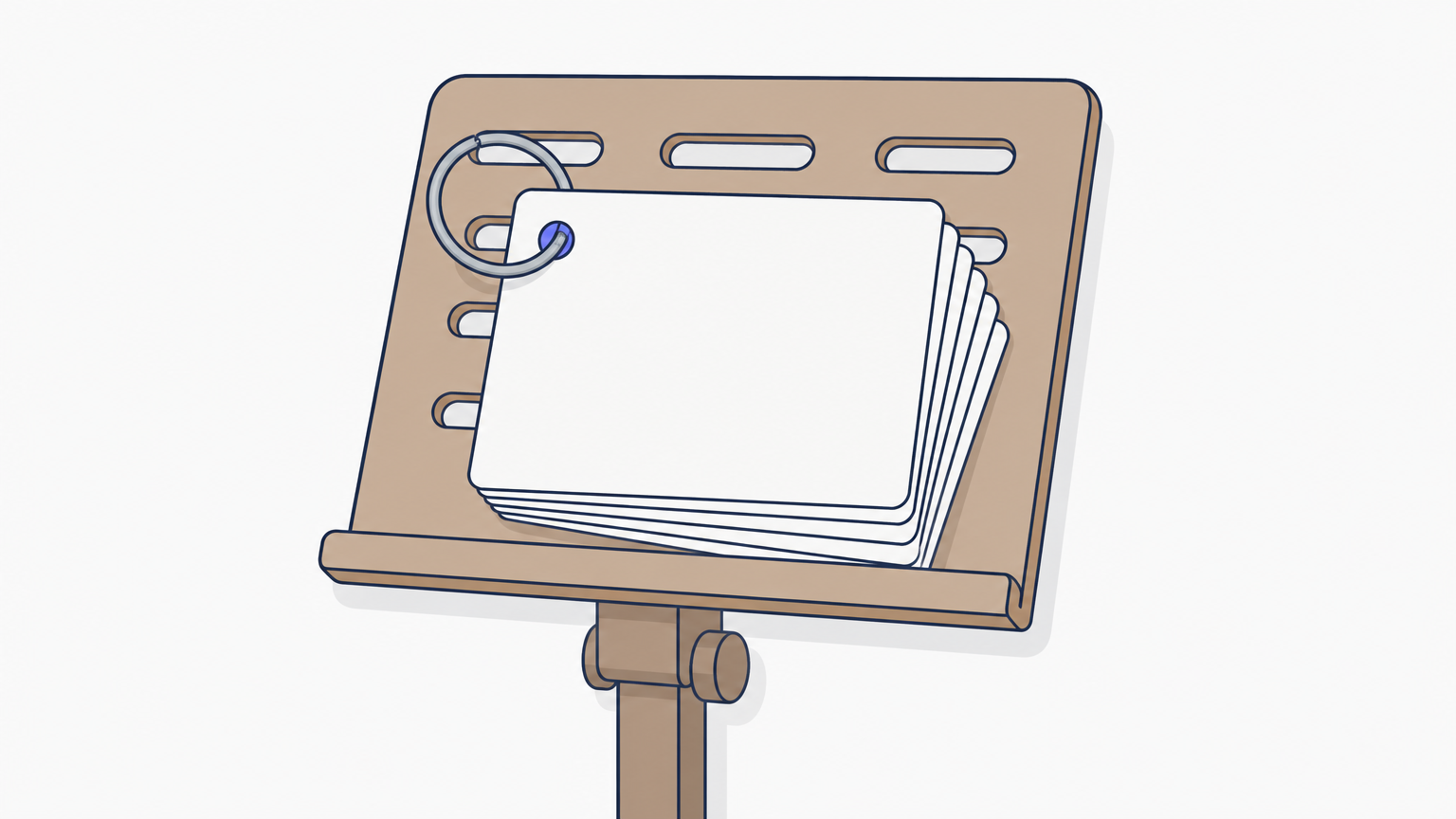 A stack of index cards on a key ring rests on a music stand beside a guitar case.