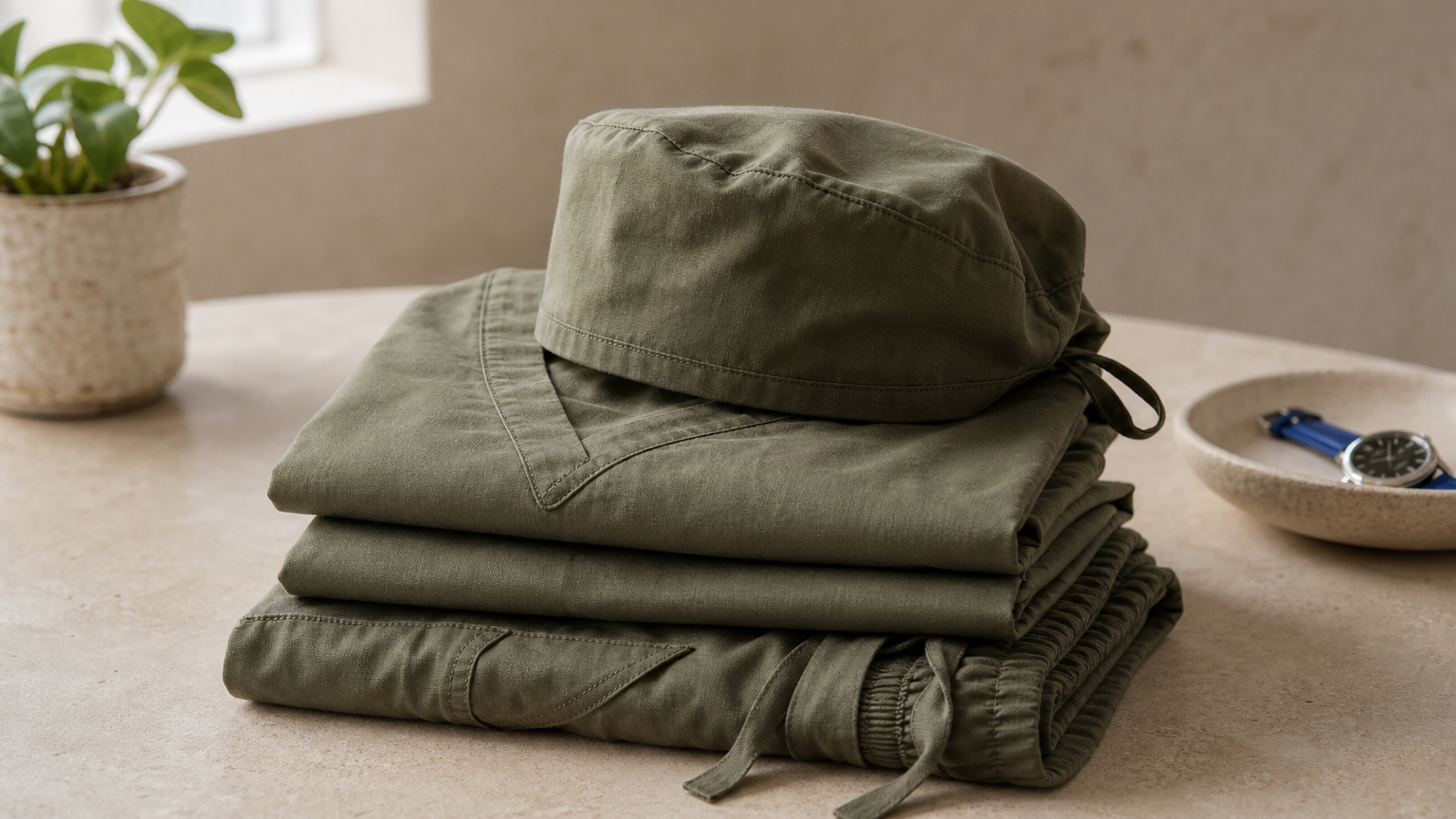 Folded scrub tops, pants, and a matching cap stacked neatly on a table.