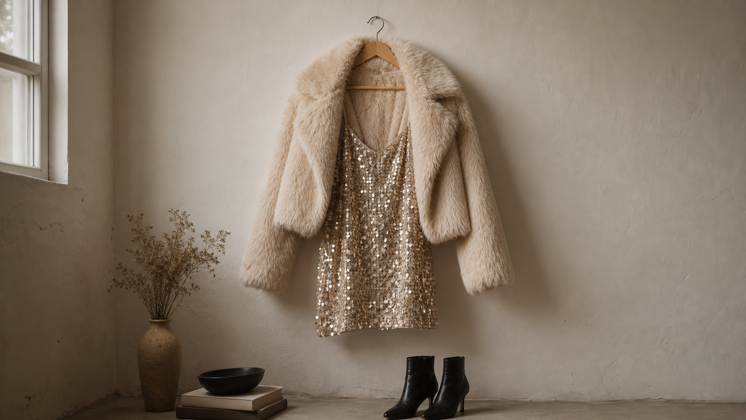 A sequin mini dress on a hanger with a cropped faux fur coat draped over it and ankle boots below.