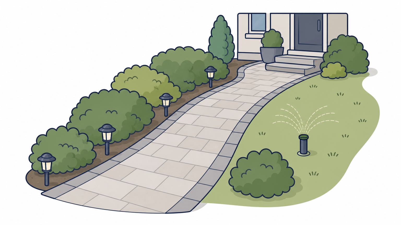 A paver walkway curves through a yard lined with shrubs and small path lights, with a sprinkler head in the lawn.