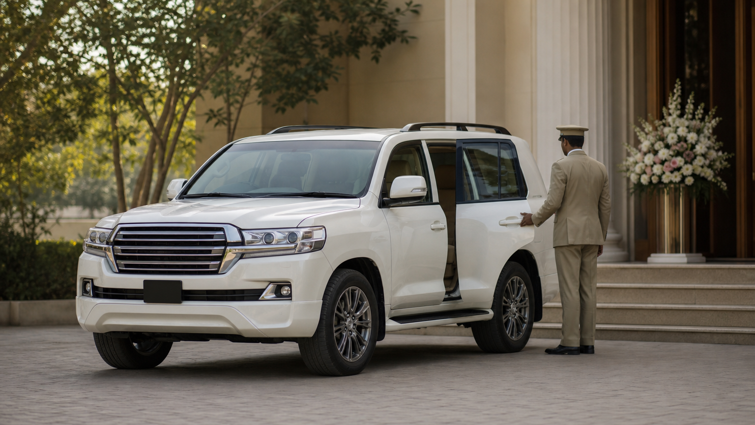 A Toyota Land Cruiser stopped at a wedding hall entrance, with a driver beside its open rear door.