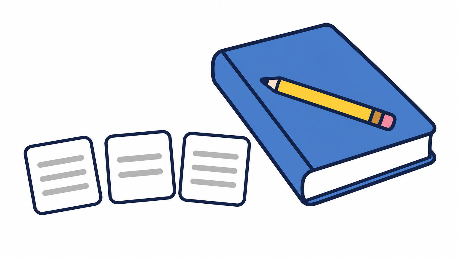 Three study cards lie in a row next to a closed hardcover book with a pencil resting on it.