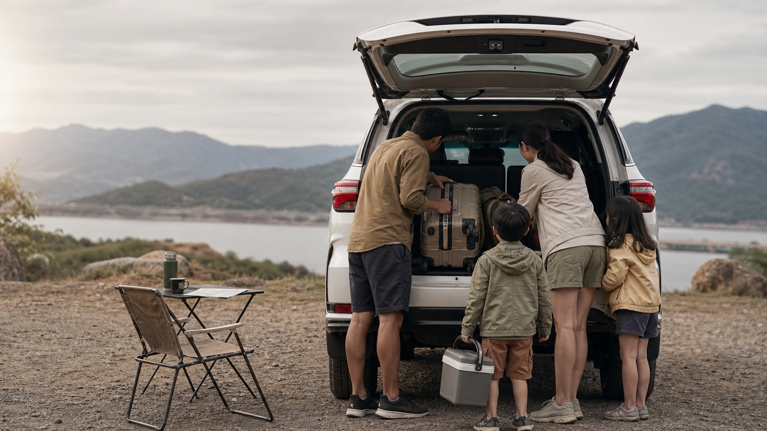 A family loads suitcases and a cooler into the open rear hatch of a Toyota Fortuner.