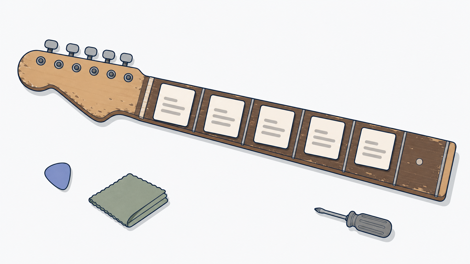 Five paper cards are spaced evenly along a guitar neck lying flat on a table.