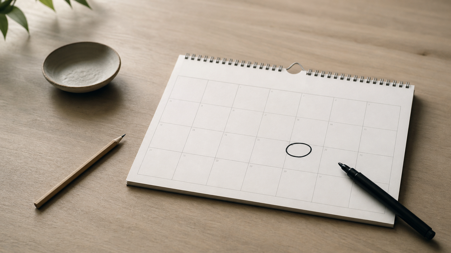 An open wall calendar on a desk, with one date circled and a pencil beside it.