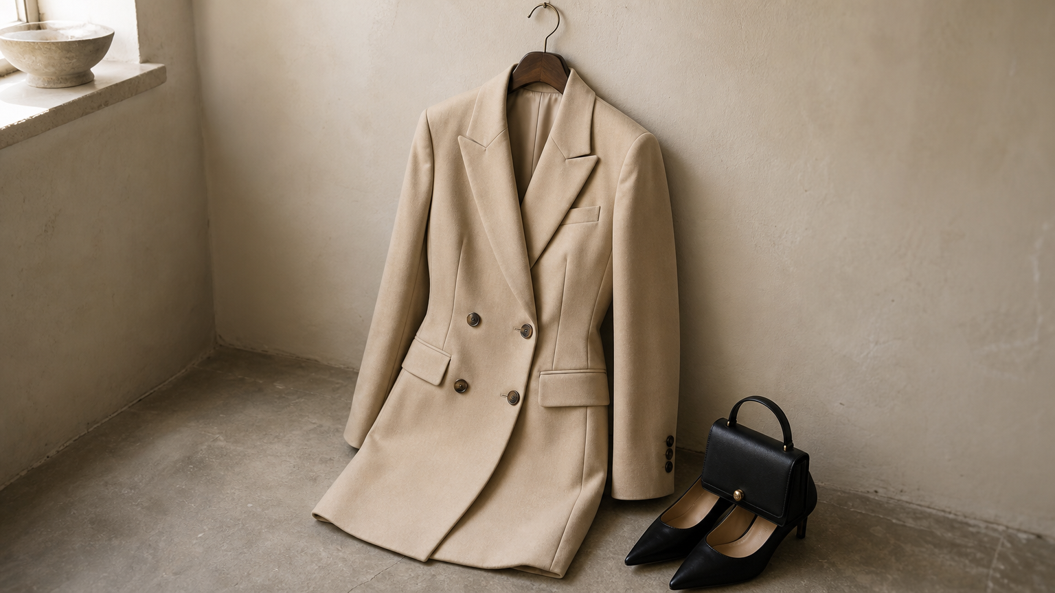 A structured blazer dress on a hanger beside pointed pumps and a small top-handle bag.