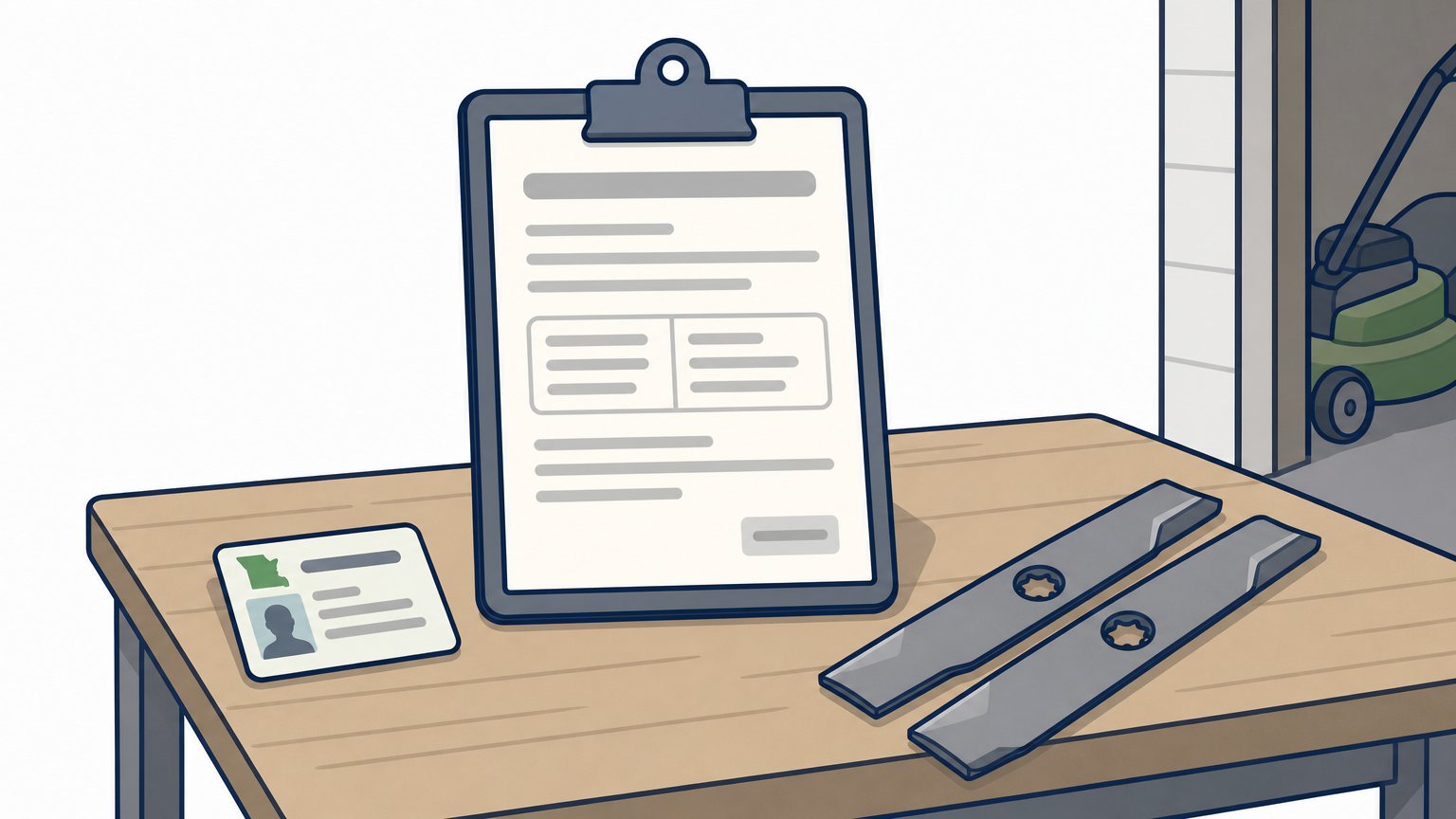 A clipboard with an insurance certificate, a license card, and sharp mower blades sit on a workbench.