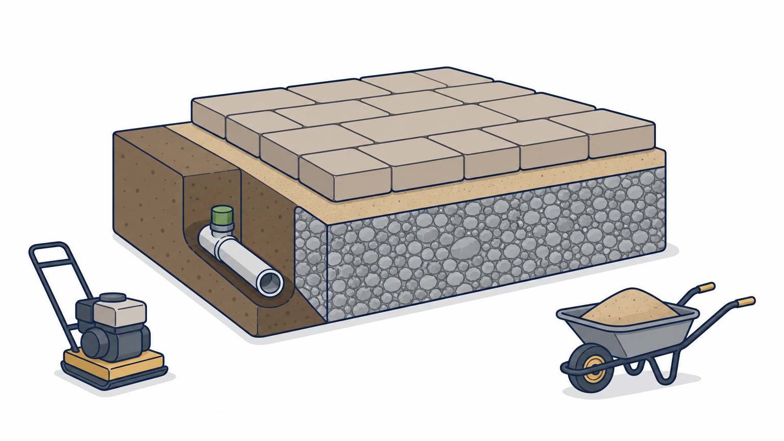 A cross-section of a paver patio shows compacted gravel base, sand bedding, pavers, and a sprinkler pipe in a trench.