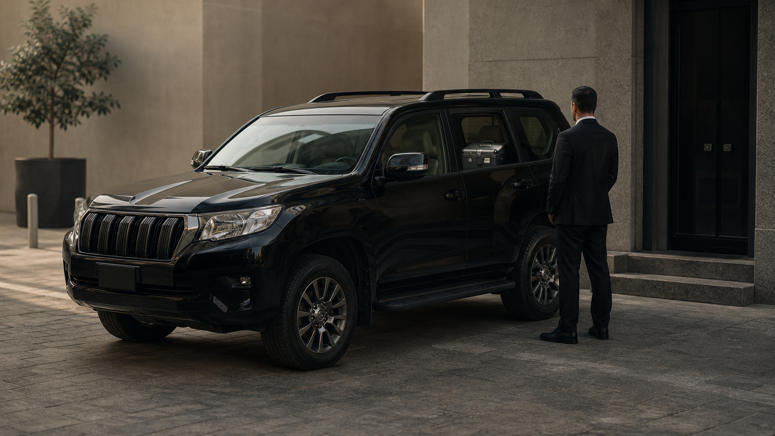 An armored Toyota Prado parked at a building entrance, with a security driver standing by its front door.