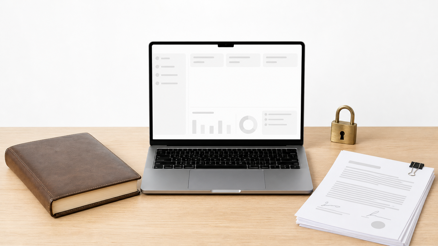 A desk with a closed ledger, a laptop, signed forms, and a brass lock, suggesting regulated financial work.