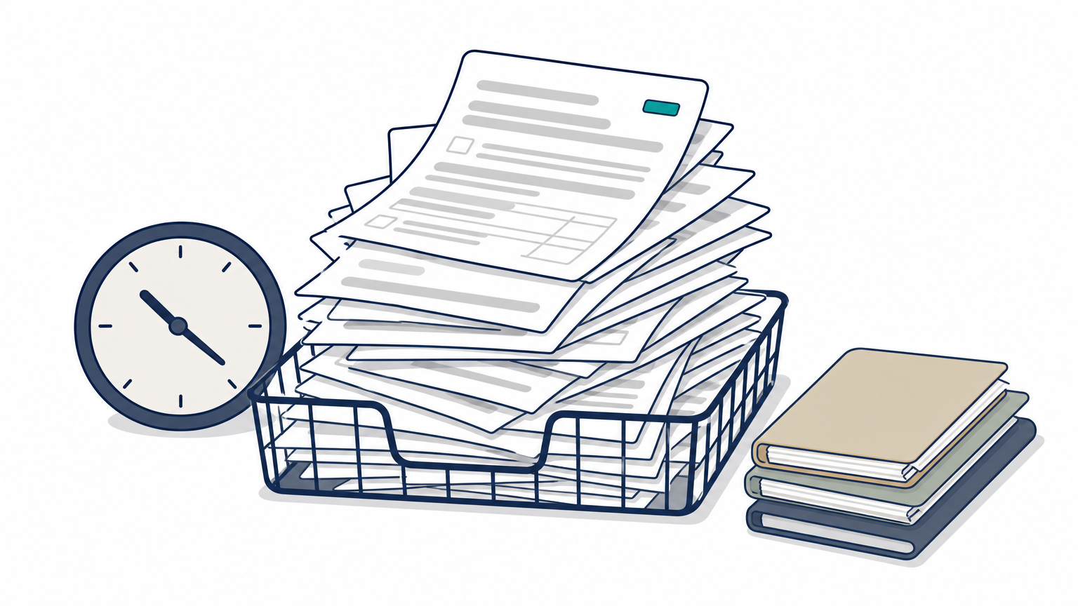 A wire tray overflows with paper claim forms beside a stopped wall clock on a desk.