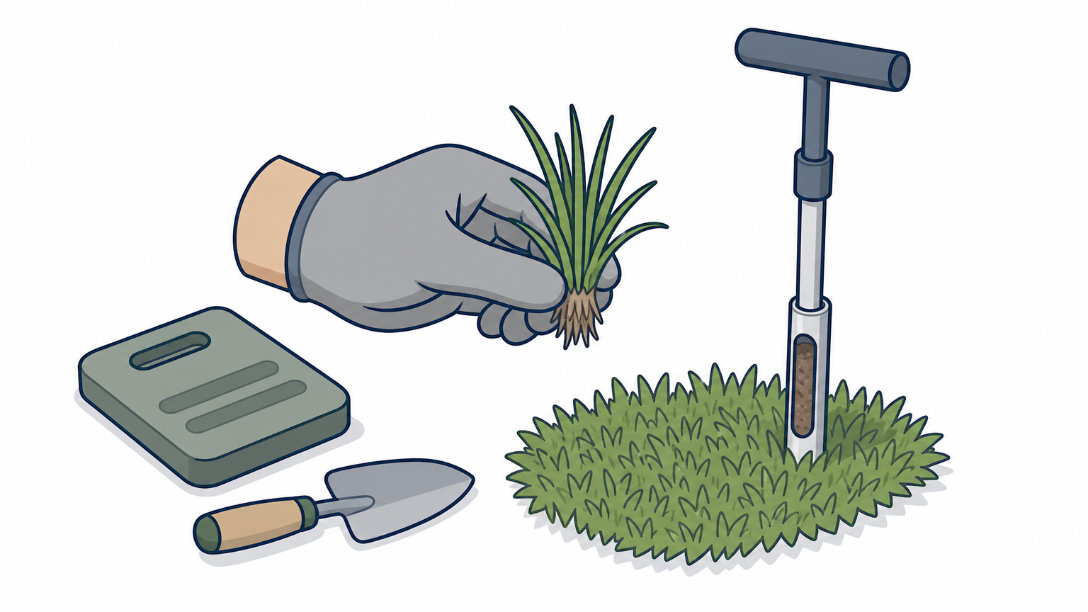 A gloved hand holds St. Augustine grass blades while a soil probe stands in the lawn beside it.