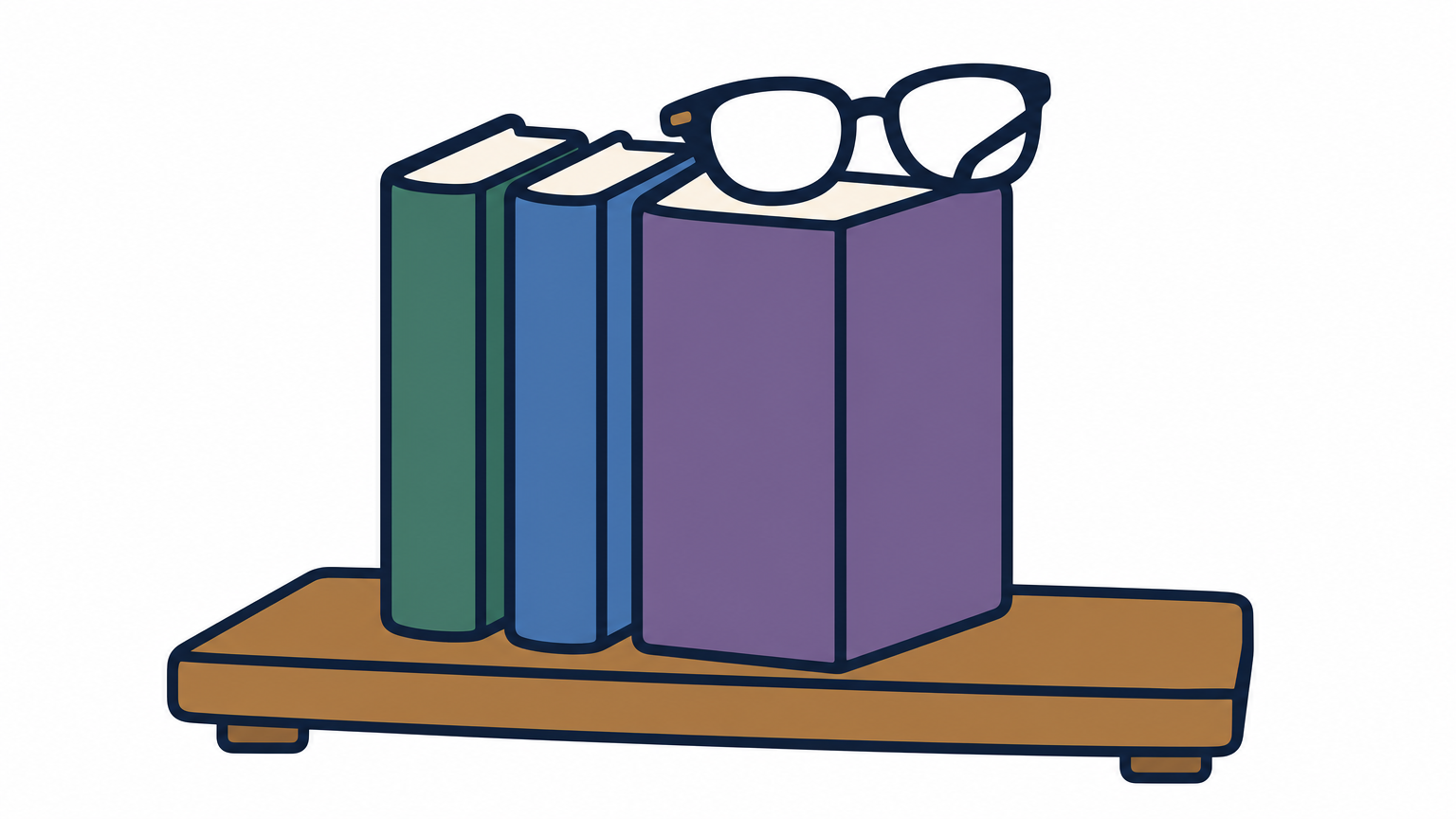 Three slim volumes stand upright on a shelf, with reading glasses resting on the nearest one.