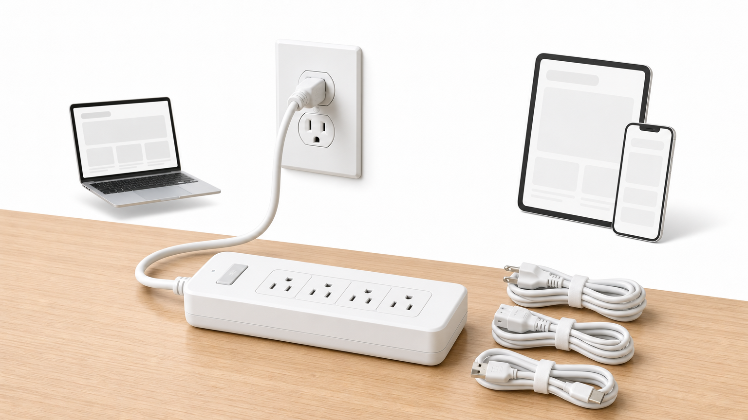 A power strip with one plug connected and three cords unplugged beside it.