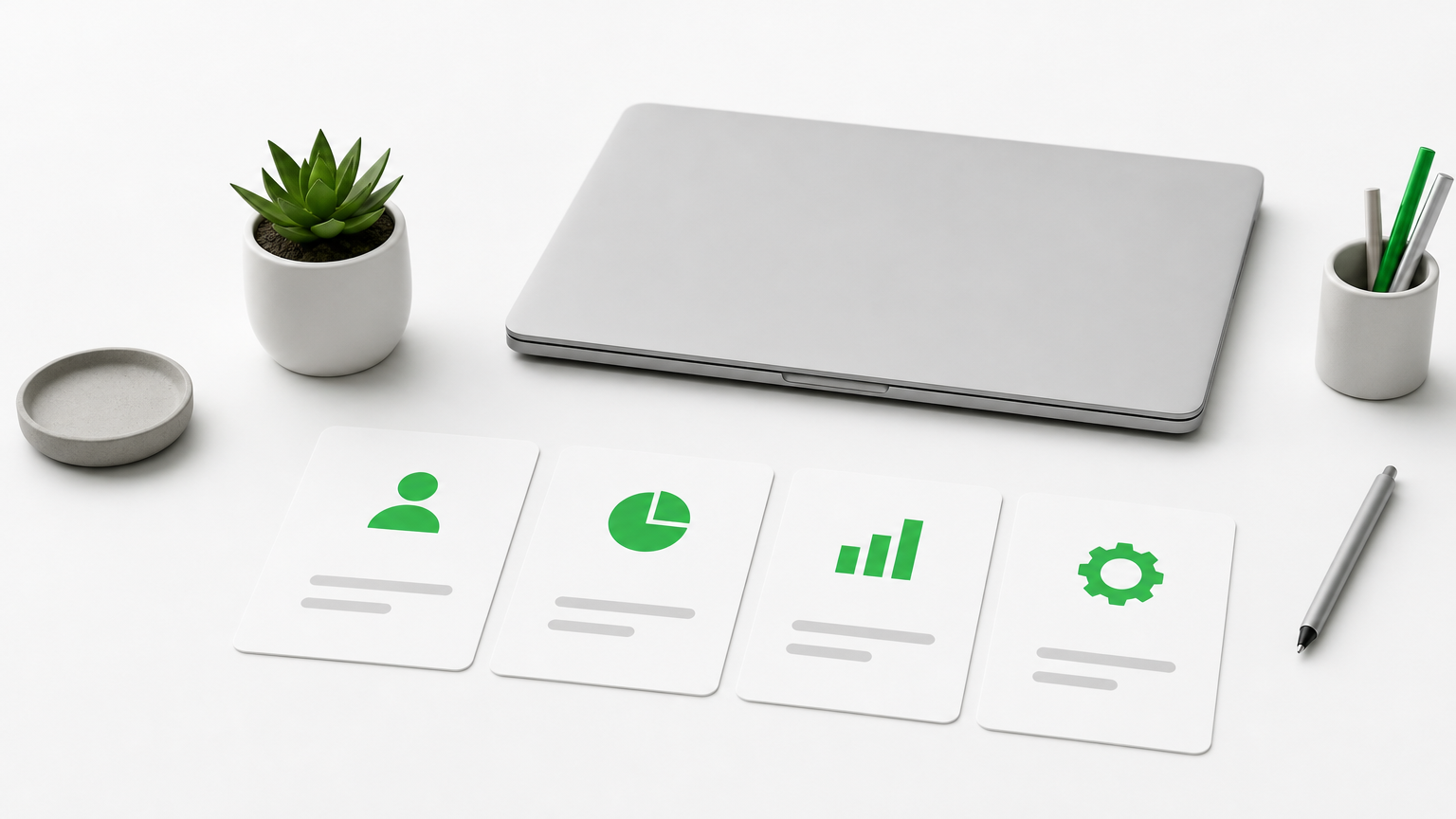 Four index cards in a row on a desk, each marked with a small icon, beside a closed laptop.