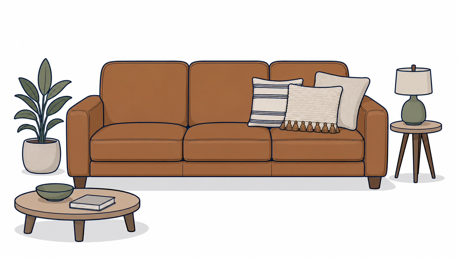 A leather sofa with woven wool pillows, one striped and one with tassel fringe, leaning against the arm.