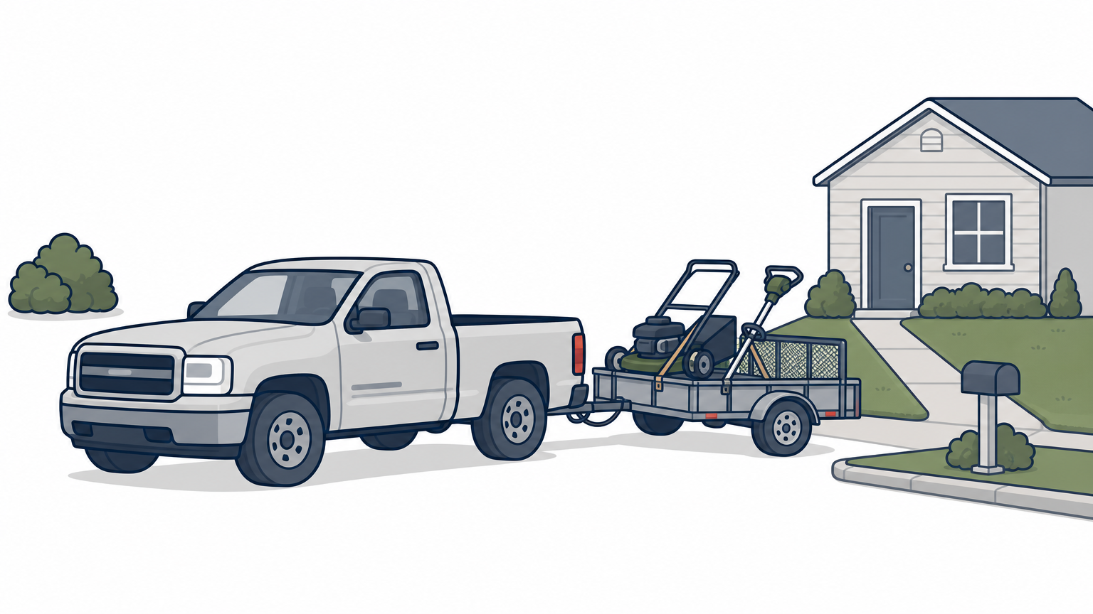 A pickup truck towing a trailer with mowing equipment, parked beside a small, neatly edged front lawn.