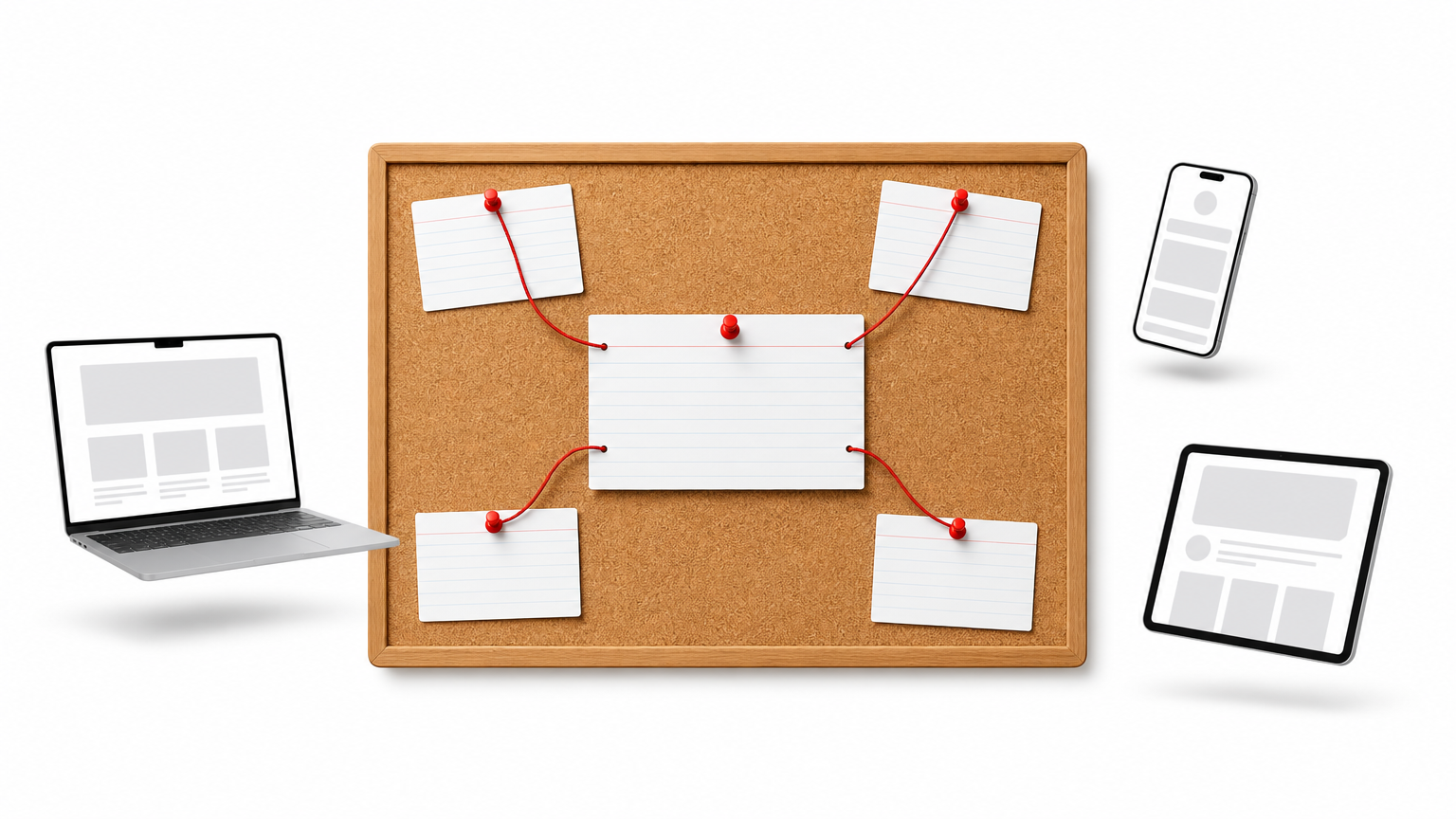 Four blank index cards pinned around a central card, each joined to it by string.