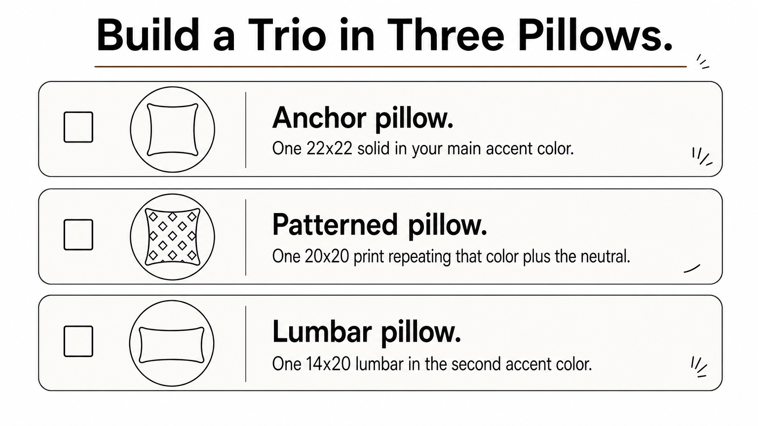 Three pillow icons listing an anchor, a patterned and a lumbar pillow for a color-blocked sofa.