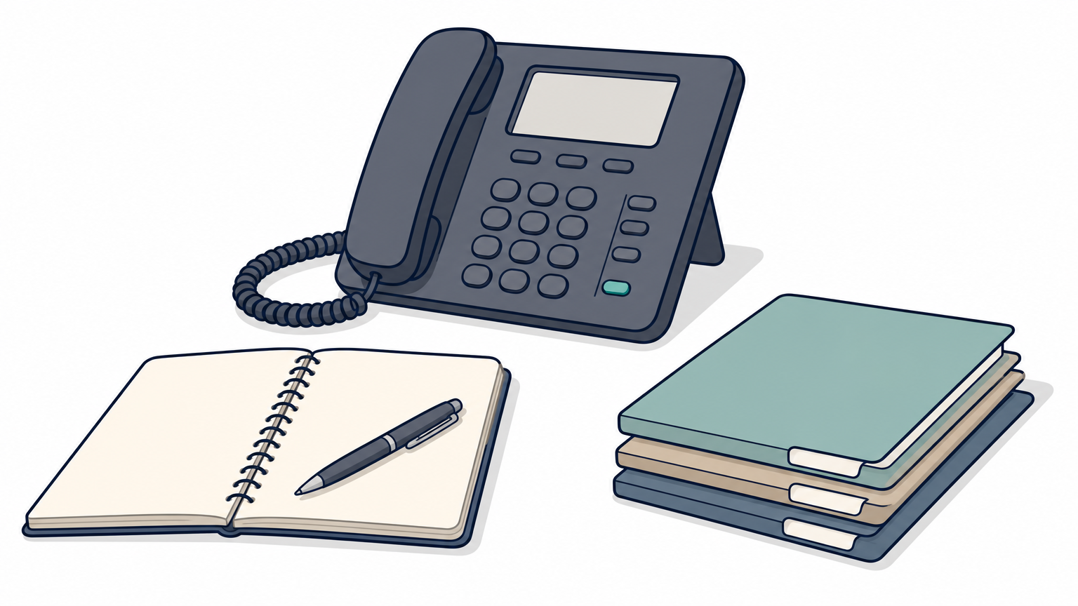 A desk telephone sits beside an open notebook with a pen and three stacked folders.
