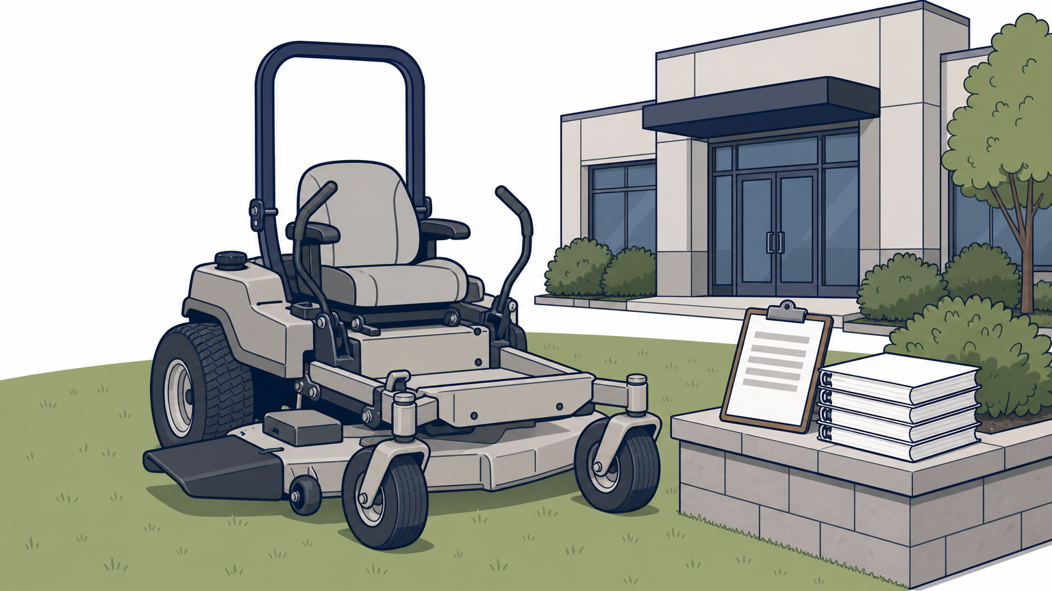 A zero-turn mower on a broad commercial lawn beside an office entrance, with bid documents on a planter.