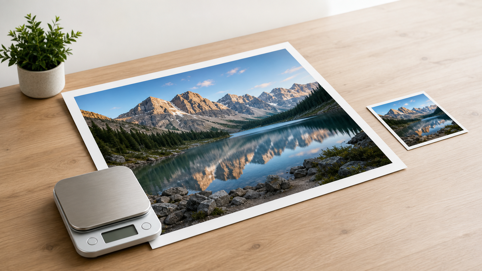 A large photo print sits beside a much smaller print of the same scene on a table.