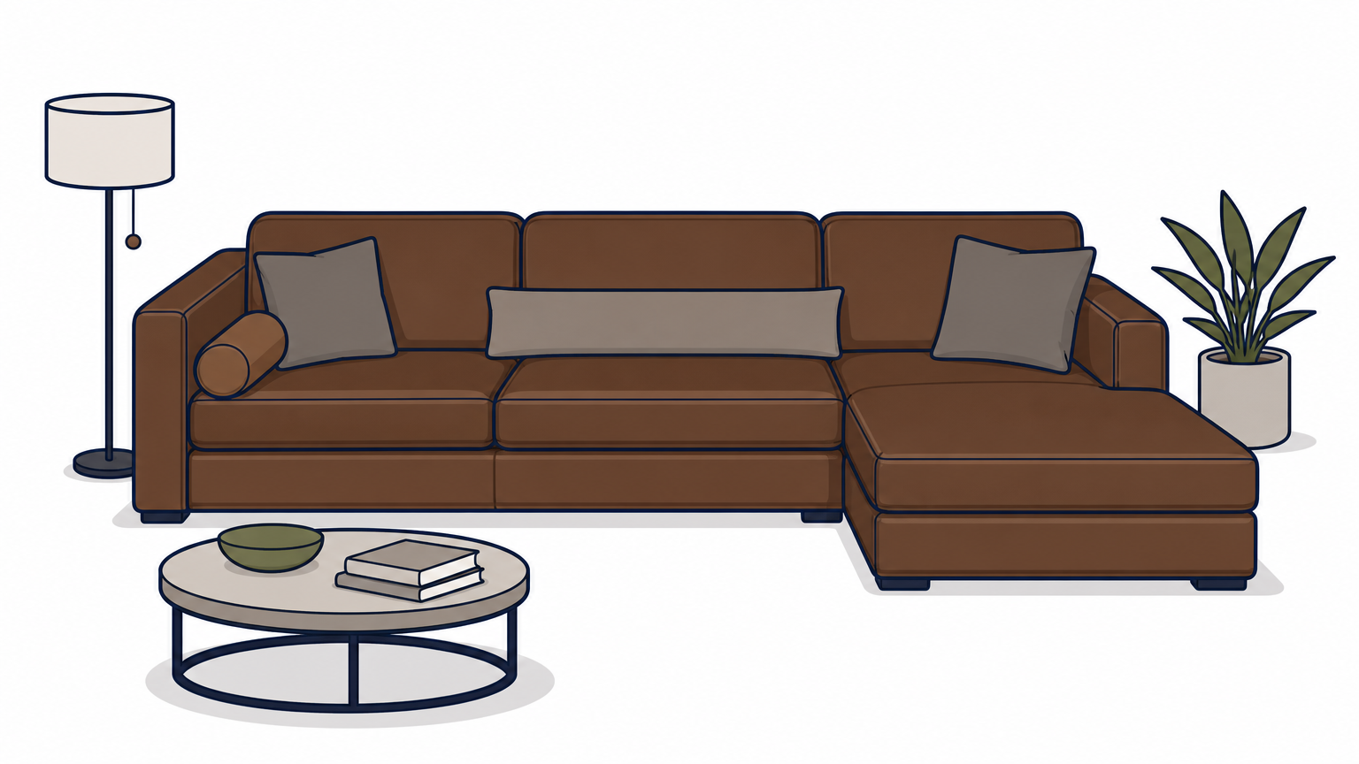 A deep leather sectional with a long lumbar pillow in the center, square corner pillows, and a bolster at the arm.