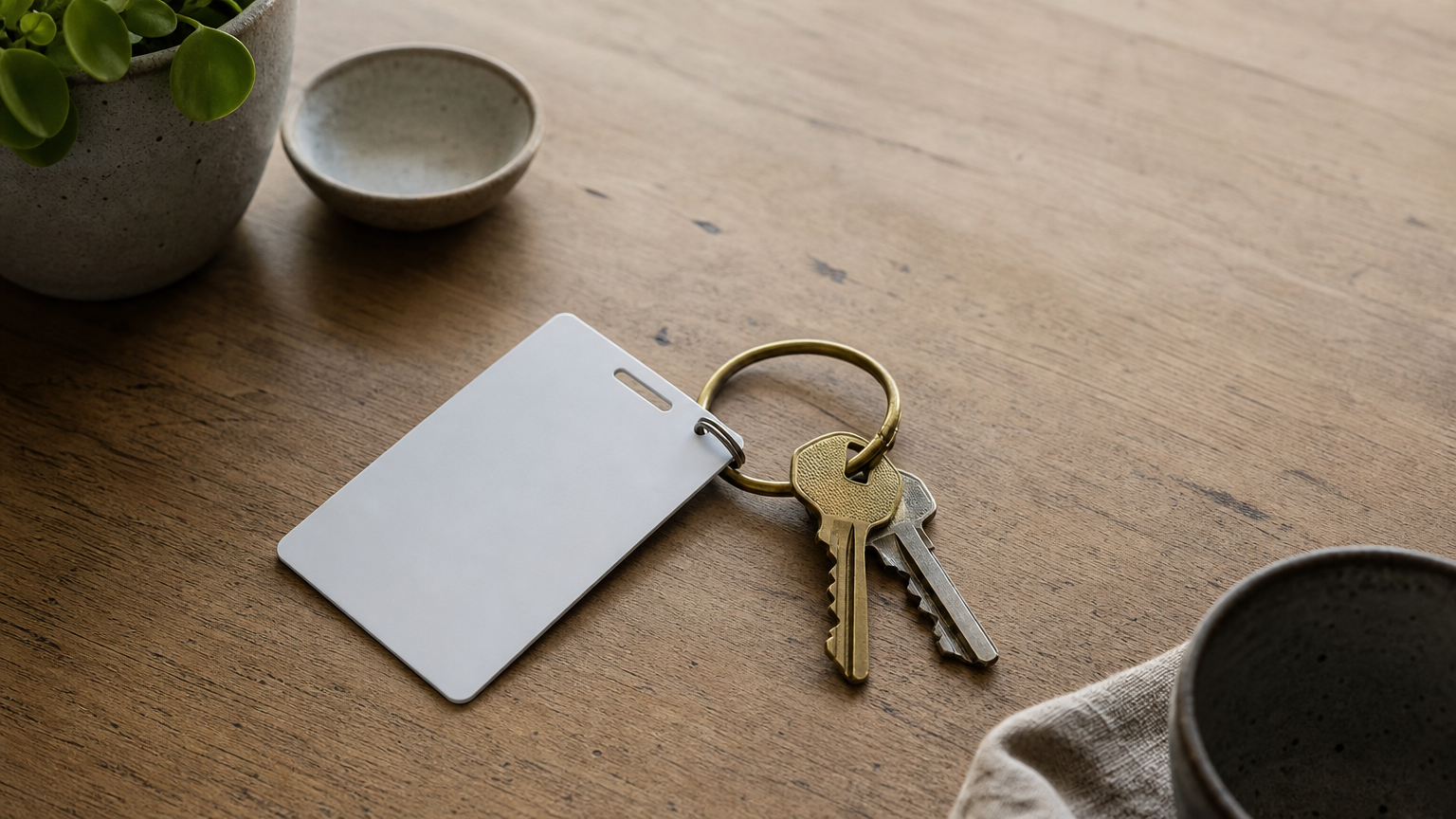 A brass key ring holds a membership card and house keys on a wooden table.